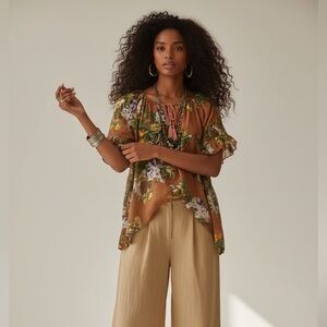 Women’s Indian Resort Cotton Boho Floral Tunic Blouse Large Tan Brown